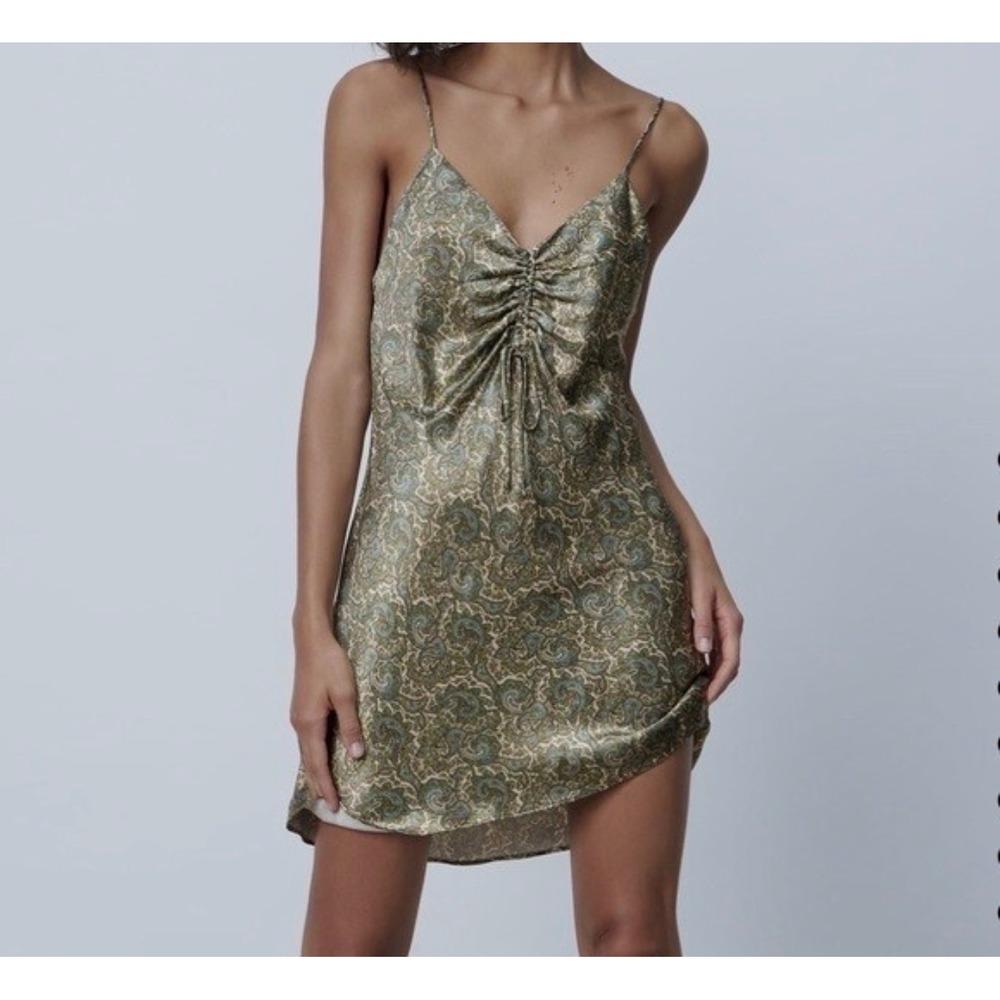 Zara Green Paisley Ruched Mini Slip Dress V-Neck Spaghetti Strap XS Festival